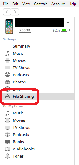 Screenshot showing location of new "File Sharing" settings in iTunes.